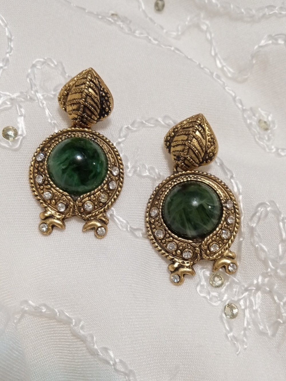 Gold-Tone Green Stone Drop Earrings